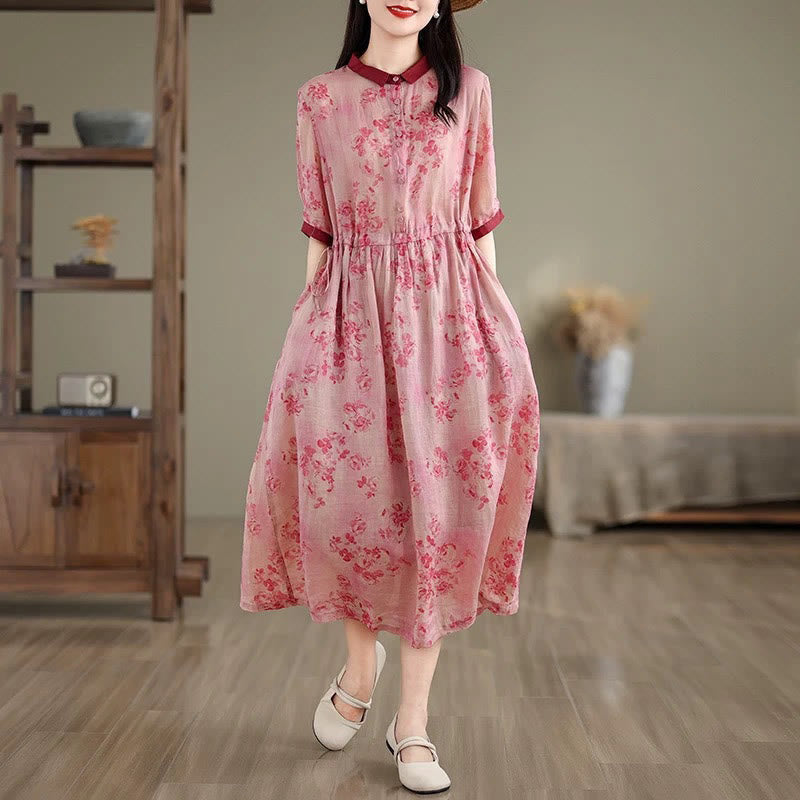 Nimara Ritual Retro Printing Floral Pattern Drawstring Design Half Sleeve Cotton Midi Dress With Pockets