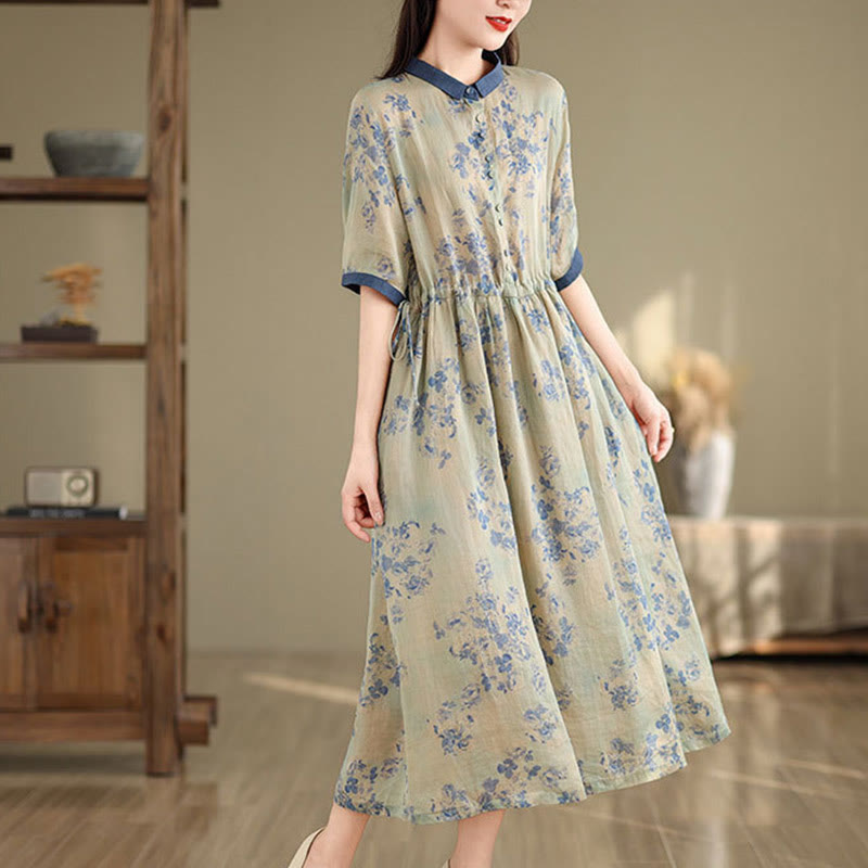 Nimara Ritual Retro Printing Floral Pattern Drawstring Design Half Sleeve Cotton Midi Dress With Pockets