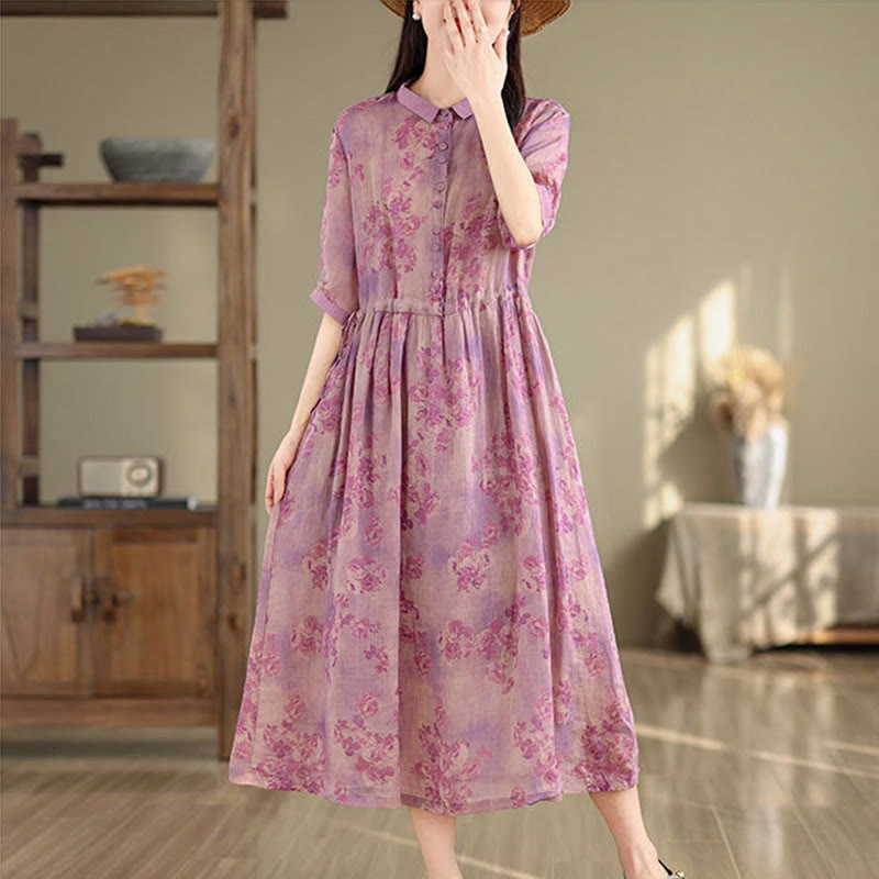 Nimara Ritual Retro Printing Floral Pattern Drawstring Design Half Sleeve Cotton Midi Dress With Pockets