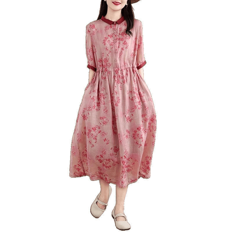 Nimara Ritual Retro Printing Floral Pattern Drawstring Design Half Sleeve Cotton Midi Dress With Pockets