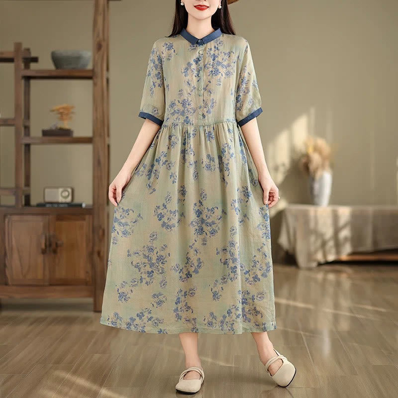Nimara Ritual Retro Printing Floral Pattern Drawstring Design Half Sleeve Cotton Midi Dress With Pockets