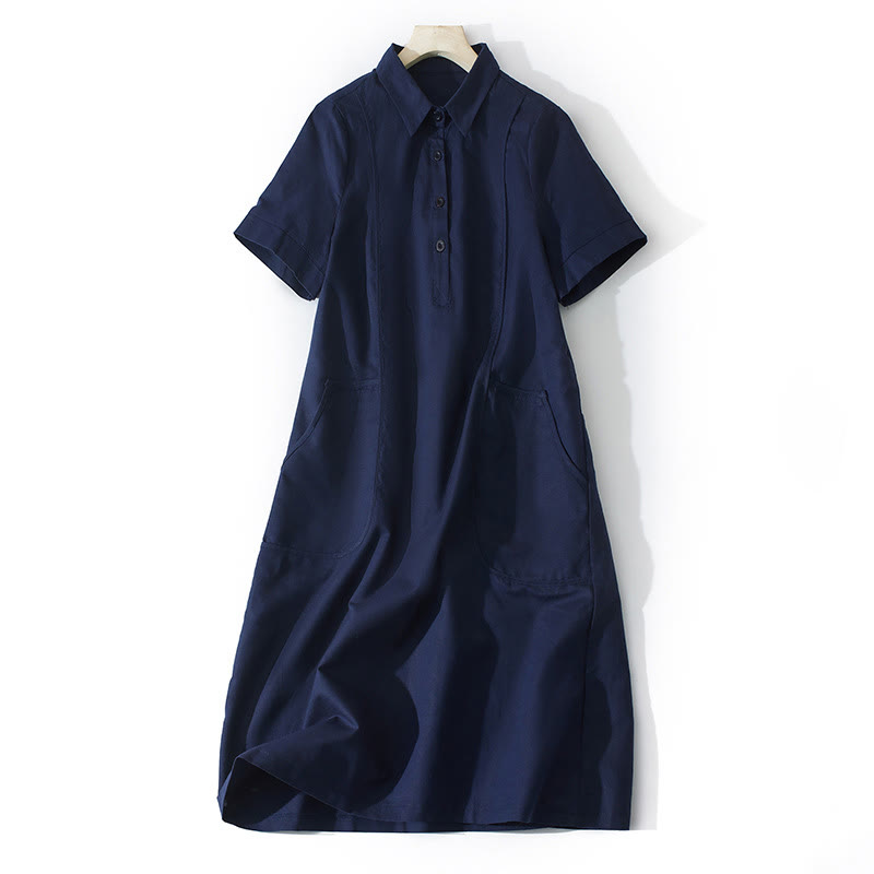 Nimara Ritual Summer Retro Solid Color Button Design Short Sleeve Cotton Midi Dress With Pockets