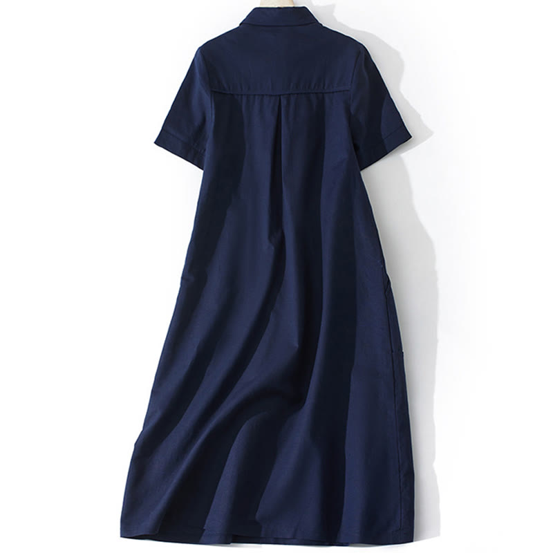Nimara Ritual Summer Retro Solid Color Button Design Short Sleeve Cotton Midi Dress With Pockets