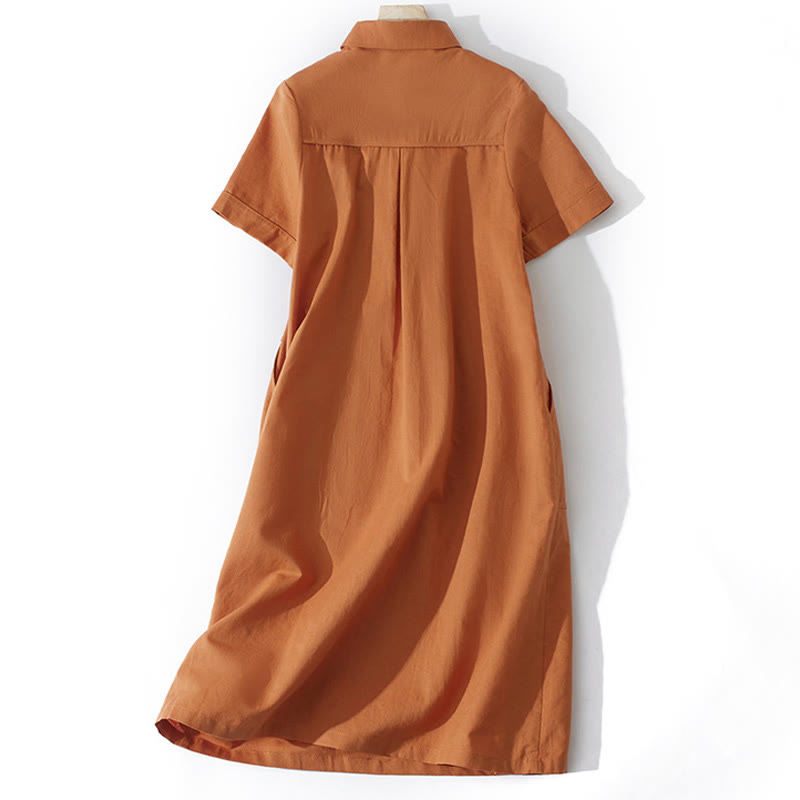 Nimara Ritual Summer Retro Solid Color Button Design Short Sleeve Cotton Midi Dress With Pockets