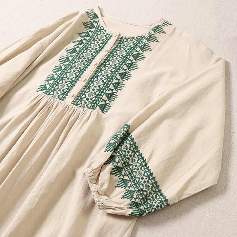 Nimara Ritual Casual Artistic Geometric Embroidery Button Front Long Lantern Sleeve Midi Dress