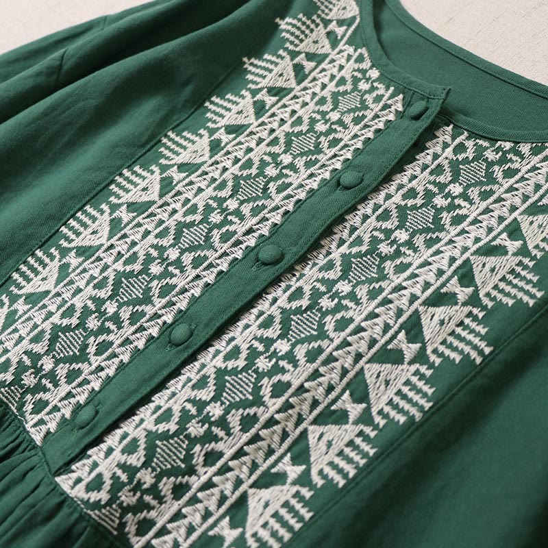 Nimara Ritual Casual Artistic Geometric Embroidery Button Front Long Lantern Sleeve Midi Dress