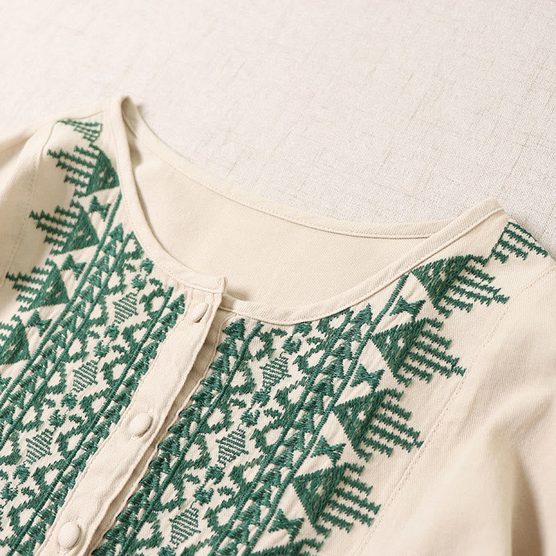 Nimara Ritual Casual Artistic Geometric Embroidery Button Front Long Lantern Sleeve Midi Dress