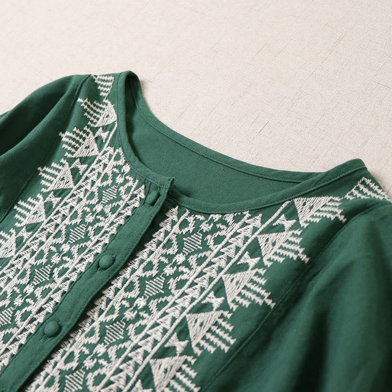 Nimara Ritual Casual Artistic Geometric Embroidery Button Front Long Lantern Sleeve Midi Dress