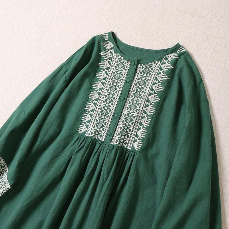 Nimara Ritual Casual Artistic Geometric Embroidery Button Front Long Lantern Sleeve Midi Dress