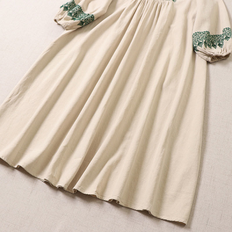 Nimara Ritual Casual Artistic Geometric Embroidery Button Front Long Lantern Sleeve Midi Dress