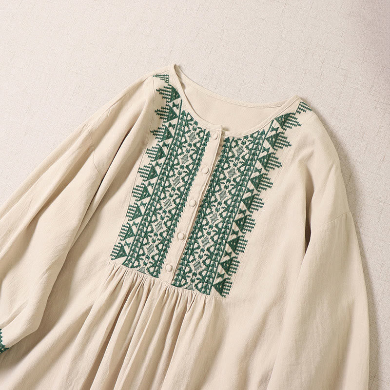 Nimara Ritual Casual Artistic Geometric Embroidery Button Front Long Lantern Sleeve Midi Dress