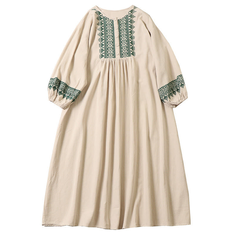 Nimara Ritual Casual Artistic Geometric Embroidery Button Front Long Lantern Sleeve Midi Dress