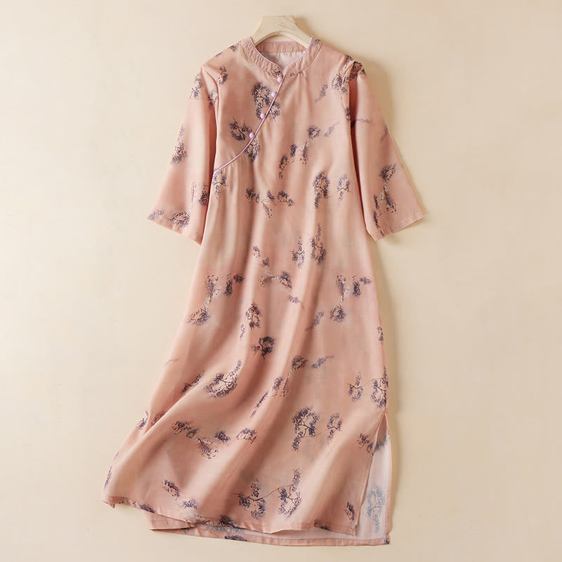 Nimara Ritual Summer Vintage Printing Floral Slanted Button Stand Collar Design Half Sleeve Cotton Cheongsam Midi Dress With Pockets