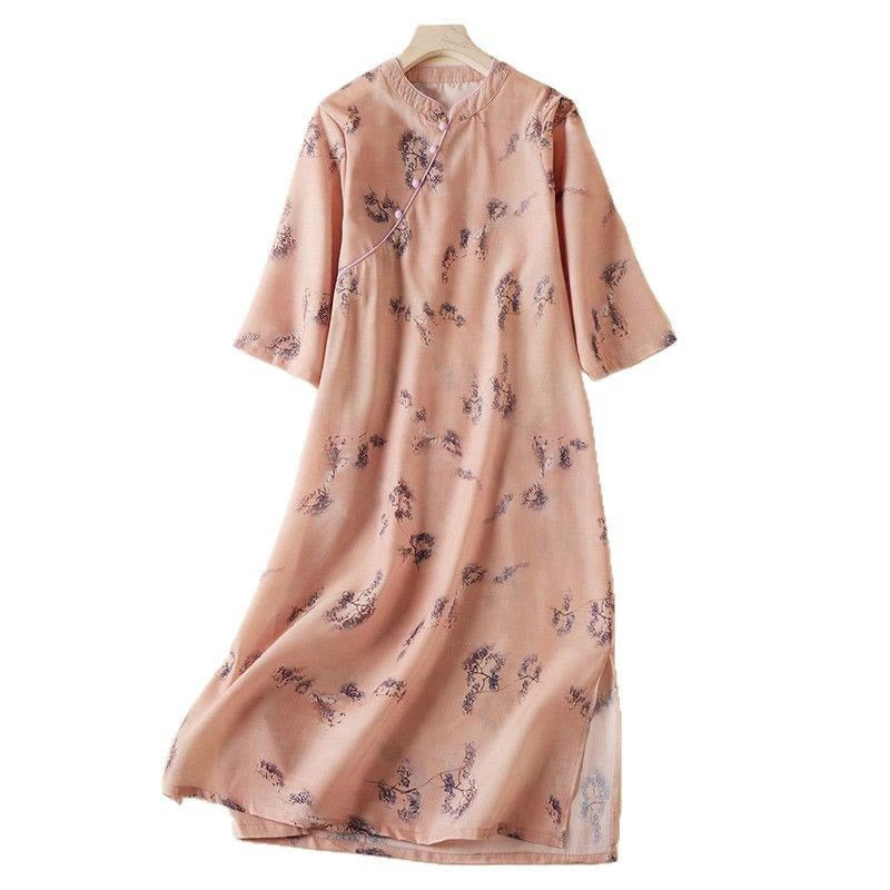 Nimara Ritual Summer Vintage Printing Floral Slanted Button Stand Collar Design Half Sleeve Cotton Cheongsam Midi Dress With Pockets