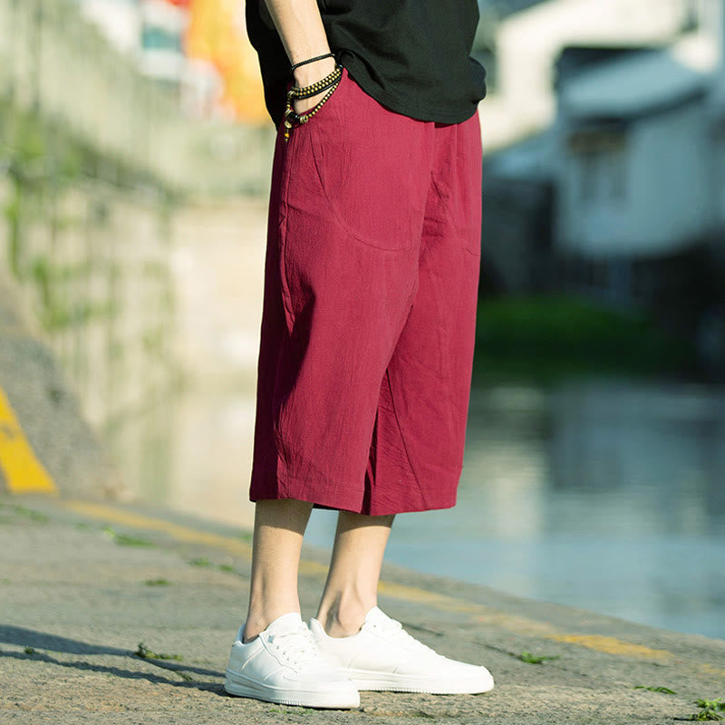 Nimara Ritual Summer Plain Pleat Design Drawstring Men's 7-8 Length Pants With Pockets
