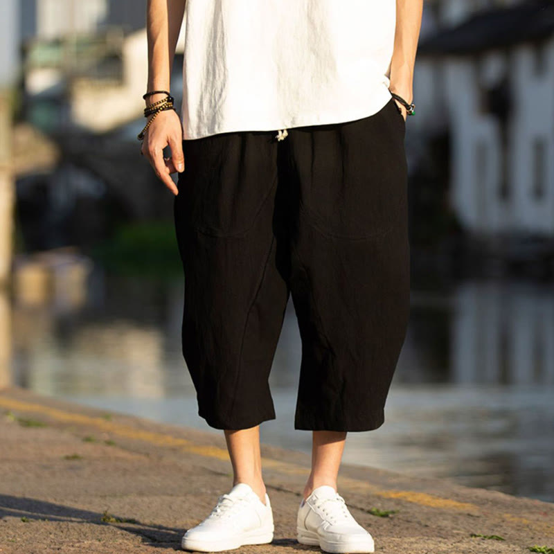Nimara Ritual Summer Plain Pleat Design Drawstring Men's 7-8 Length Pants With Pockets