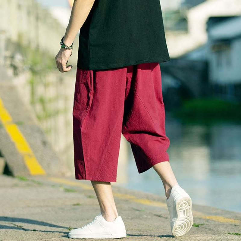 Nimara Ritual Summer Plain Pleat Design Drawstring Men's 7-8 Length Pants With Pockets
