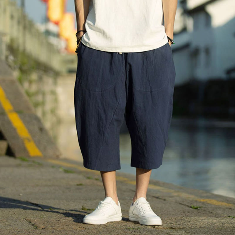 Nimara Ritual Summer Plain Pleat Design Drawstring Men's 7-8 Length Pants With Pockets