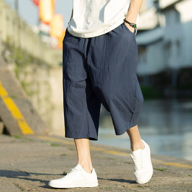 Nimara Ritual Summer Plain Pleat Design Drawstring Men's 7-8 Length Pants With Pockets