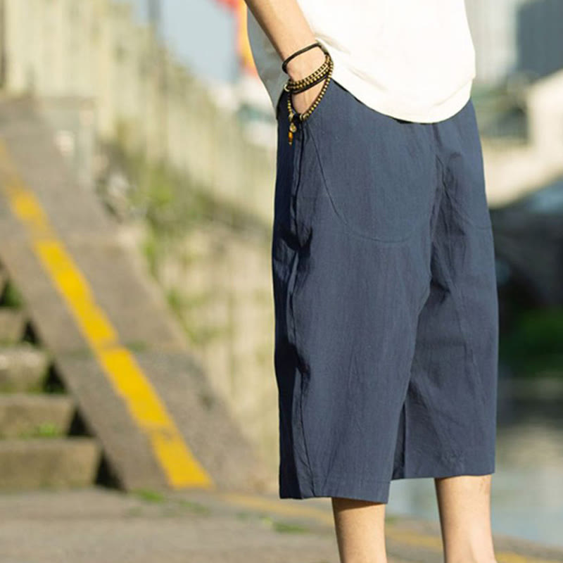 Nimara Ritual Summer Plain Pleat Design Drawstring Men's 7-8 Length Pants With Pockets