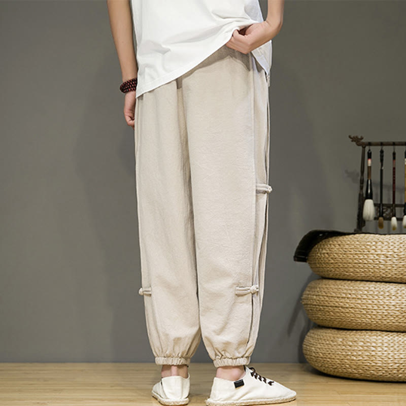 Nimara Ritual Summer Vintage Drawstring Chinese Frog-Button Design Men's Cotton Linen Harem Pants With Pockets
