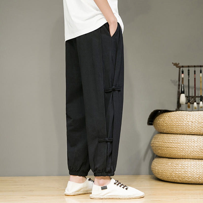 Nimara Ritual Summer Vintage Drawstring Chinese Frog-Button Design Men's Cotton Linen Harem Pants With Pockets