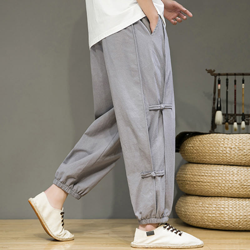 Nimara Ritual Summer Vintage Drawstring Chinese Frog-Button Design Men's Cotton Linen Harem Pants With Pockets