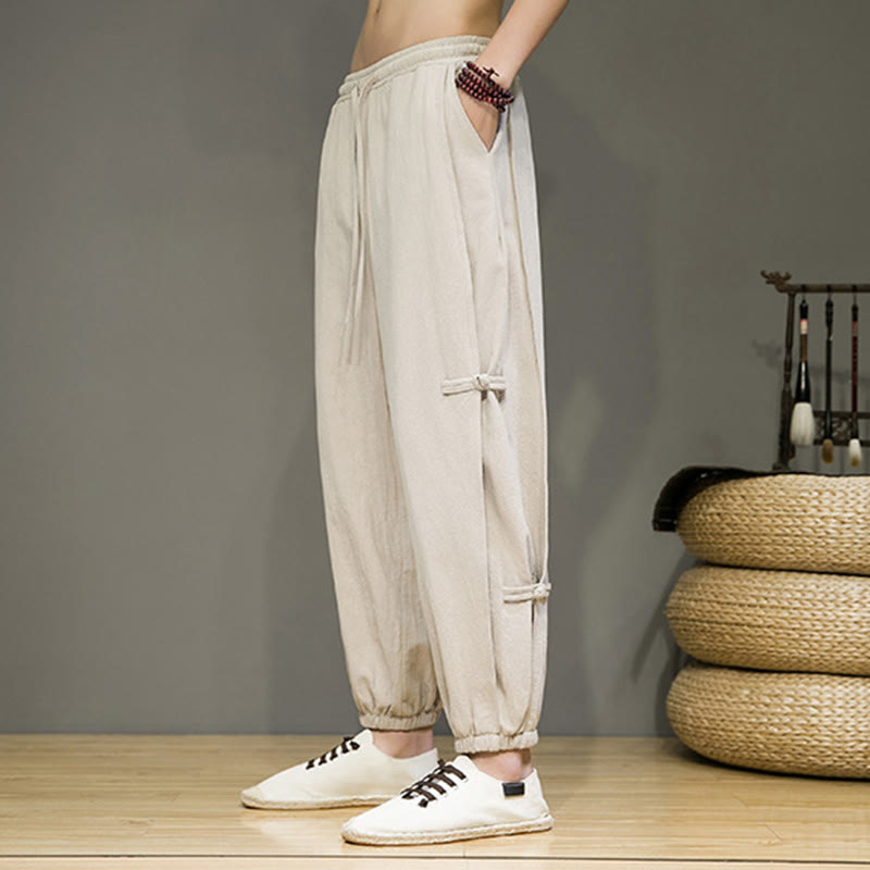 Nimara Ritual Summer Vintage Drawstring Chinese Frog-Button Design Men's Cotton Linen Harem Pants With Pockets