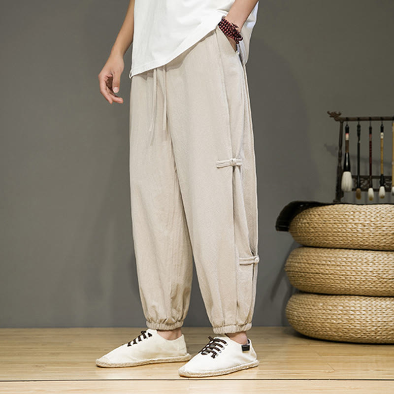 Nimara Ritual Summer Vintage Drawstring Chinese Frog-Button Design Men's Cotton Linen Harem Pants With Pockets