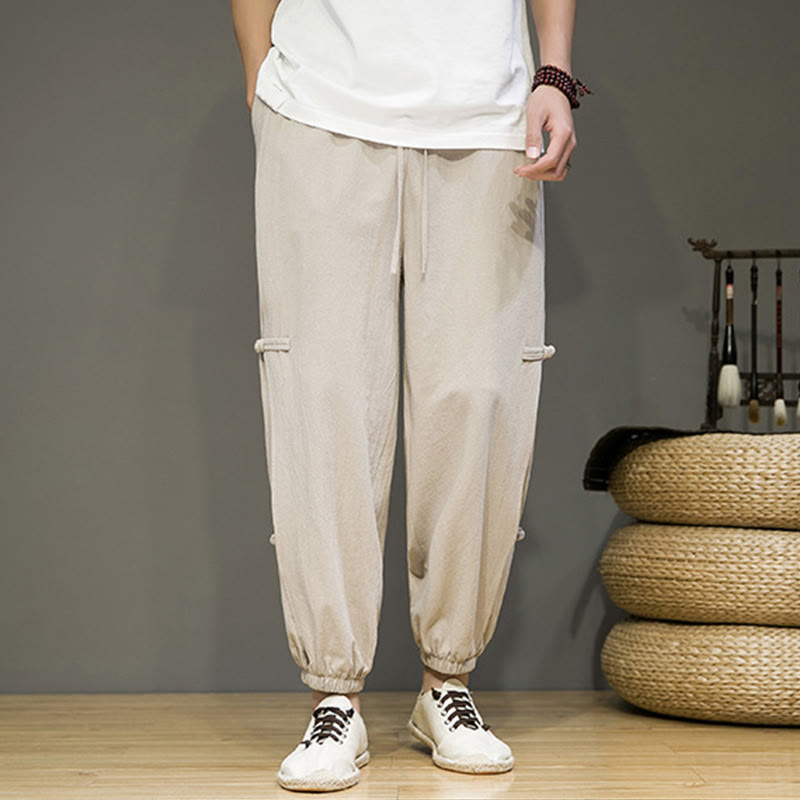 Nimara Ritual Summer Vintage Drawstring Chinese Frog-Button Design Men's Cotton Linen Harem Pants With Pockets