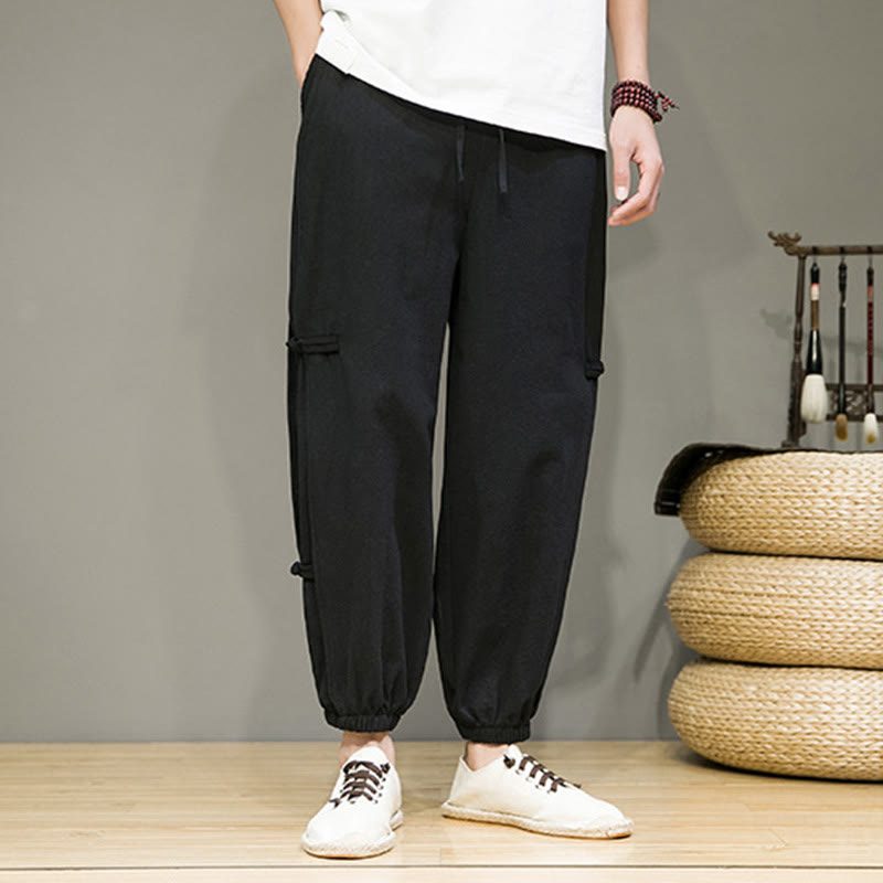 Nimara Ritual Summer Vintage Drawstring Chinese Frog-Button Design Men's Cotton Linen Harem Pants With Pockets