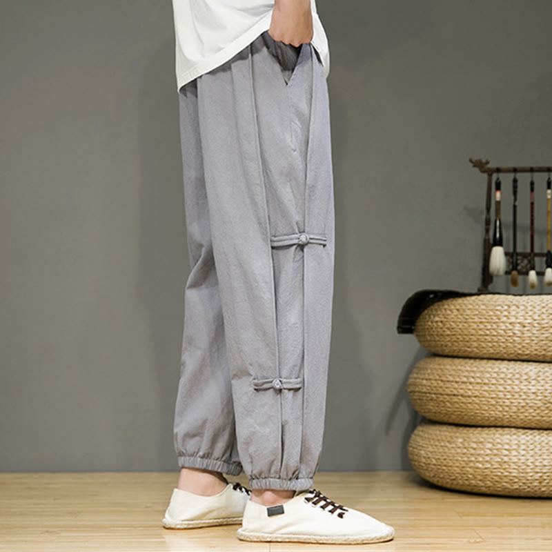 Nimara Ritual Summer Vintage Drawstring Chinese Frog-Button Design Men's Cotton Linen Harem Pants With Pockets