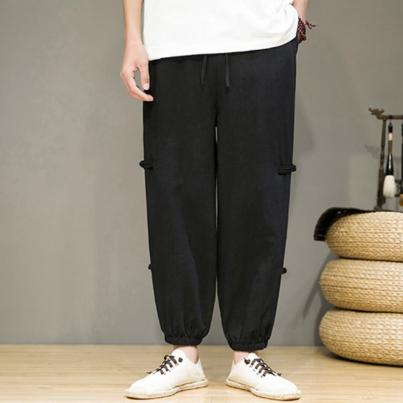 Nimara Ritual Summer Vintage Drawstring Chinese Frog-Button Design Men's Cotton Linen Harem Pants With Pockets