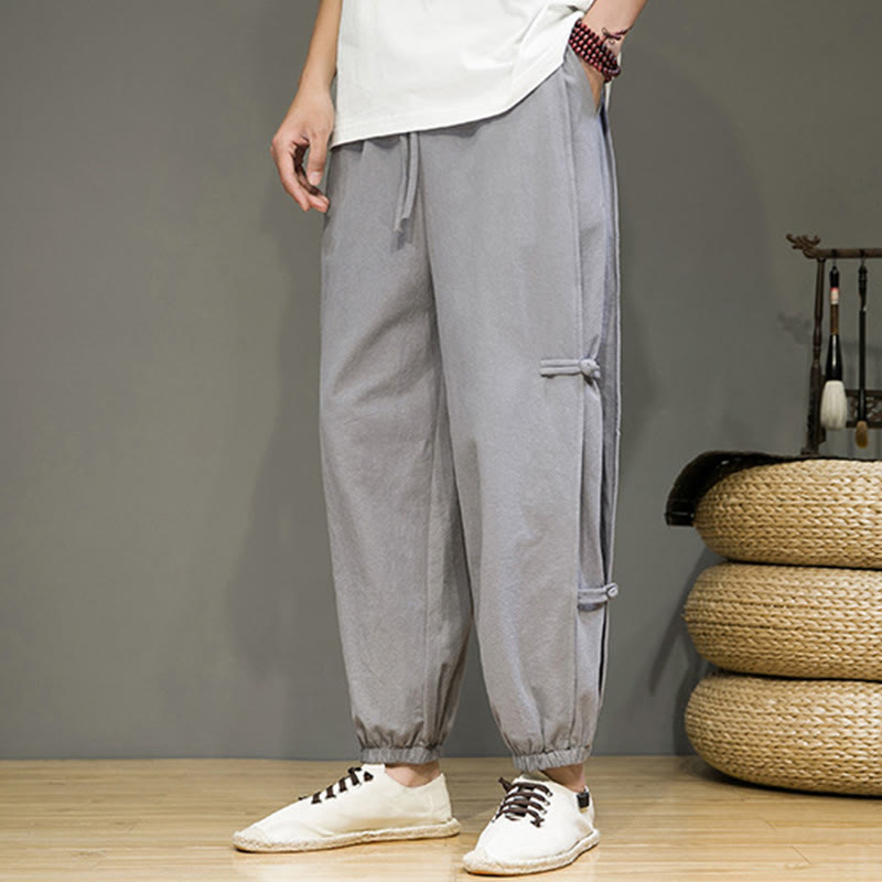Nimara Ritual Summer Vintage Drawstring Chinese Frog-Button Design Men's Cotton Linen Harem Pants With Pockets