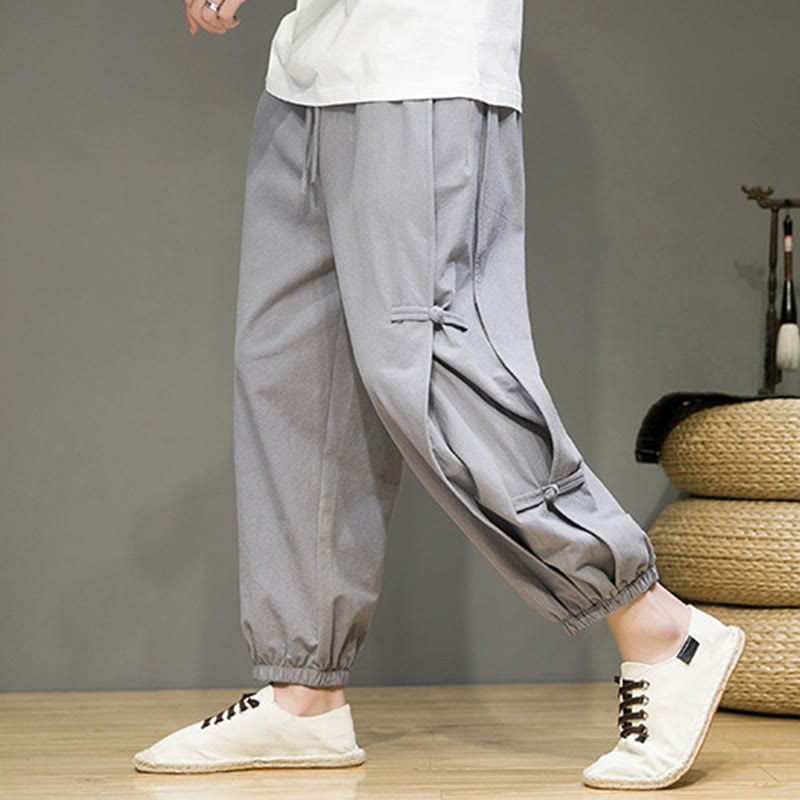Nimara Ritual Summer Vintage Drawstring Chinese Frog-Button Design Men's Cotton Linen Harem Pants With Pockets