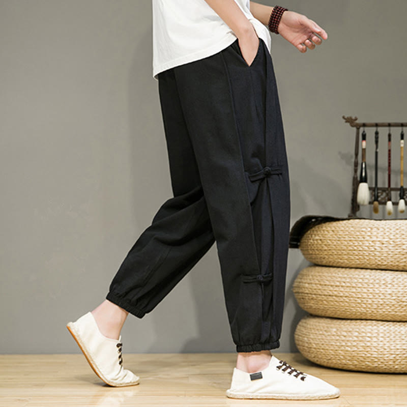 Nimara Ritual Summer Vintage Drawstring Chinese Frog-Button Design Men's Cotton Linen Harem Pants With Pockets