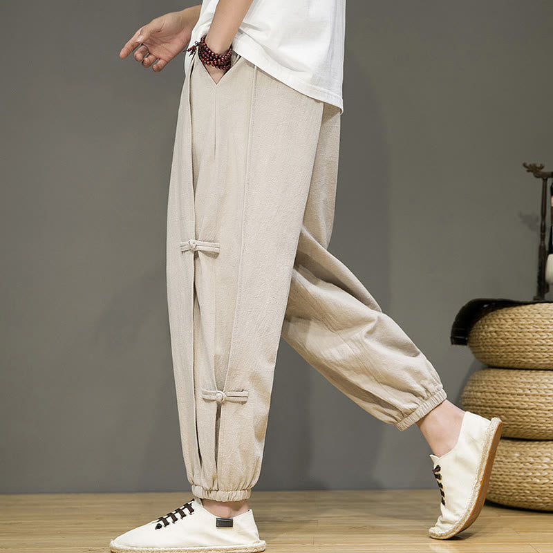 Nimara Ritual Summer Vintage Drawstring Chinese Frog-Button Design Men's Cotton Linen Harem Pants With Pockets