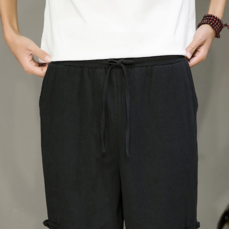 Nimara Ritual Summer Vintage Drawstring Chinese Frog-Button Design Men's Cotton Linen Harem Pants With Pockets