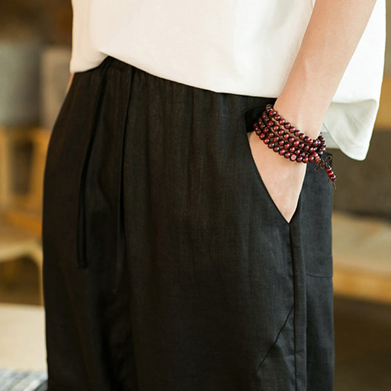 Nimara Ritual Casual Retro Solid Color Simple Design Drawstring Men's Linen Elastic Waistband Harem Pants With Pockets
