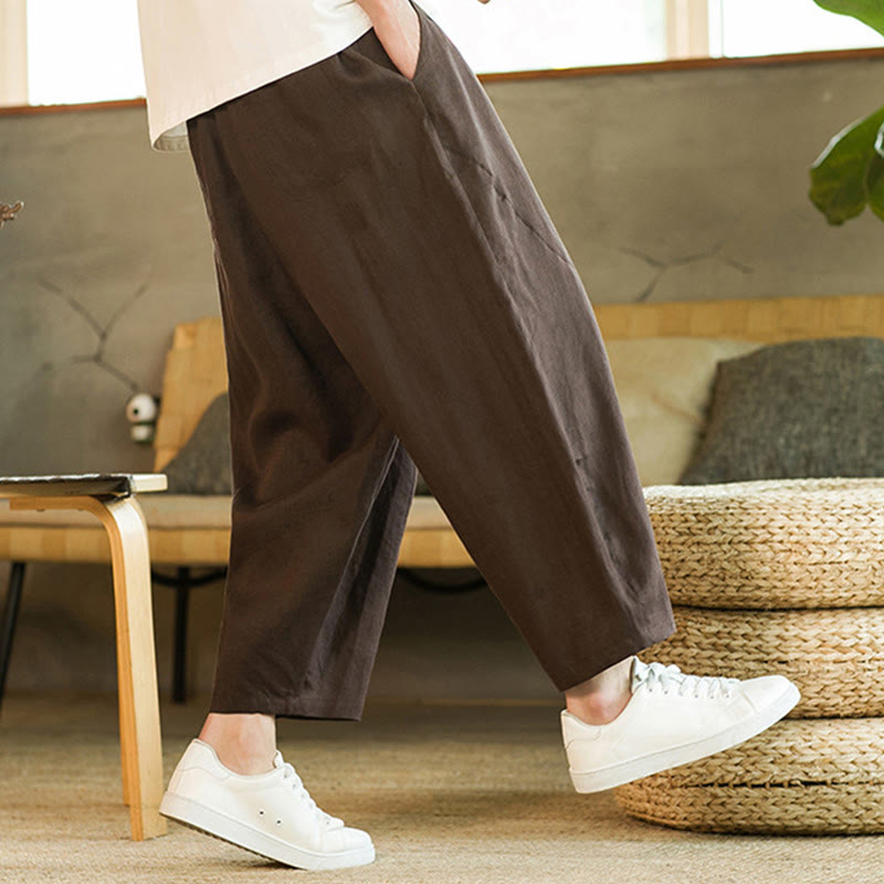 Nimara Ritual Casual Retro Solid Color Simple Design Drawstring Men's Linen Elastic Waistband Harem Pants With Pockets