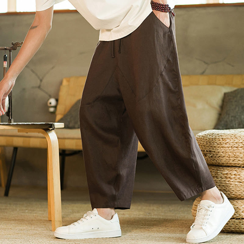 Nimara Ritual Casual Retro Solid Color Simple Design Drawstring Men's Linen Elastic Waistband Harem Pants With Pockets