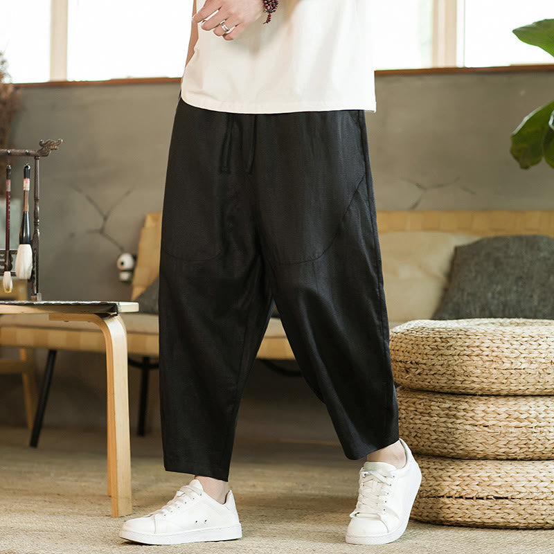 Nimara Ritual Casual Retro Solid Color Simple Design Drawstring Men's Linen Elastic Waistband Harem Pants With Pockets