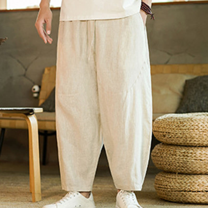 Nimara Ritual Casual Retro Solid Color Simple Design Drawstring Men's Linen Elastic Waistband Harem Pants With Pockets
