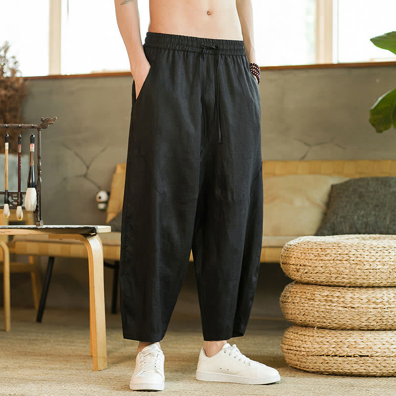 Nimara Ritual Casual Retro Solid Color Simple Design Drawstring Men's Linen Elastic Waistband Harem Pants With Pockets