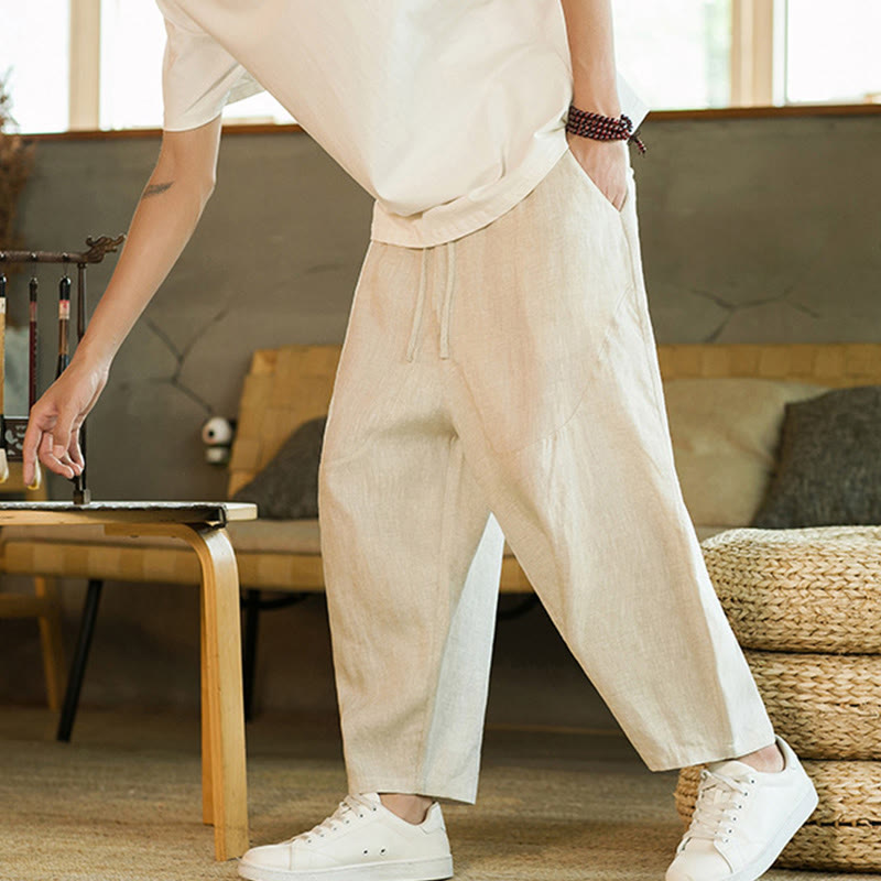 Nimara Ritual Casual Retro Solid Color Simple Design Drawstring Men's Linen Elastic Waistband Harem Pants With Pockets