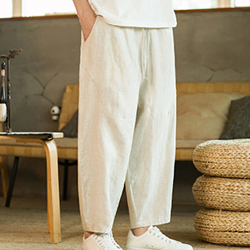 Nimara Ritual Casual Retro Solid Color Simple Design Drawstring Men's Linen Elastic Waistband Harem Pants With Pockets