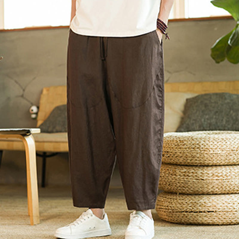 Nimara Ritual Casual Retro Solid Color Simple Design Drawstring Men's Linen Elastic Waistband Harem Pants With Pockets