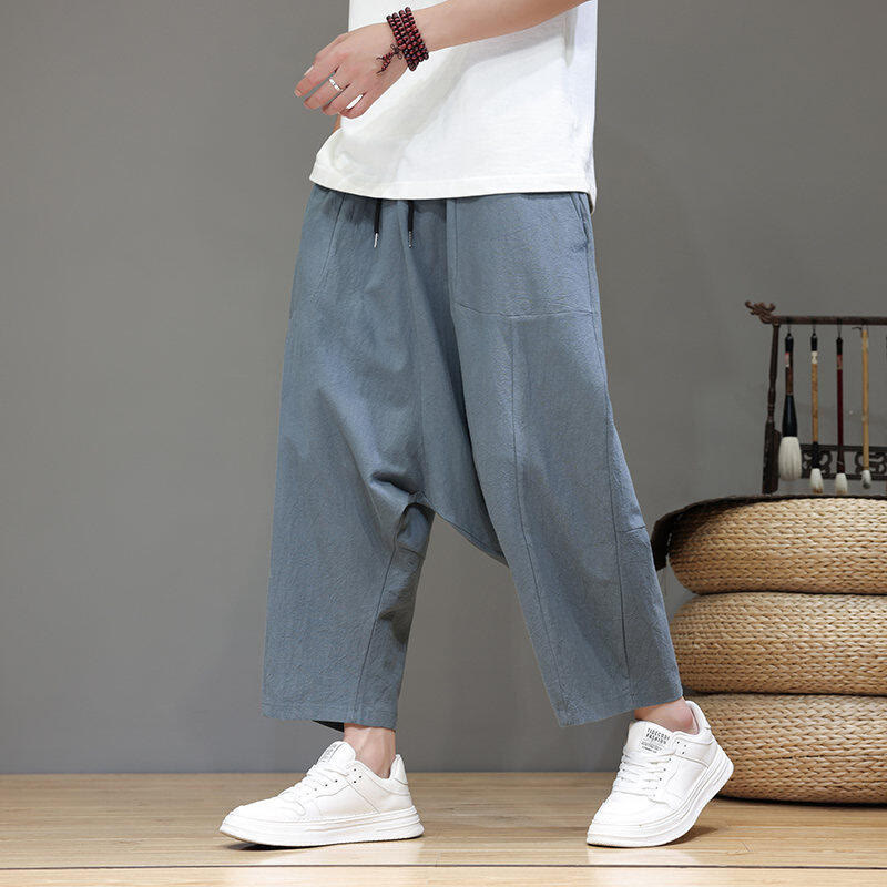 Nimara Ritual Casual Plain Low Crotch Design Drawstring Men's Cotton Elastic Waistband Wide Leg Pants With Pockets
