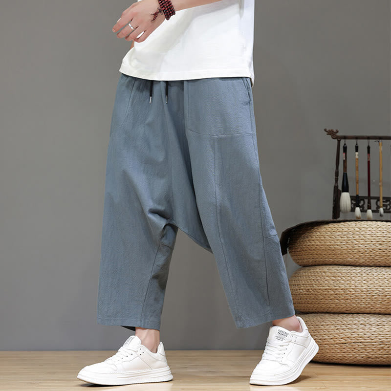 Nimara Ritual Casual Plain Low Crotch Design Drawstring Men's Cotton Elastic Waistband Wide Leg Pants With Pockets