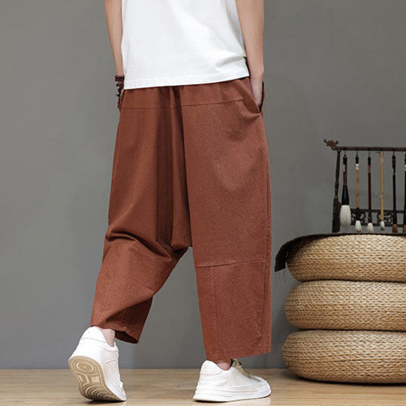 Nimara Ritual Casual Plain Low Crotch Design Drawstring Men's Cotton Elastic Waistband Wide Leg Pants With Pockets